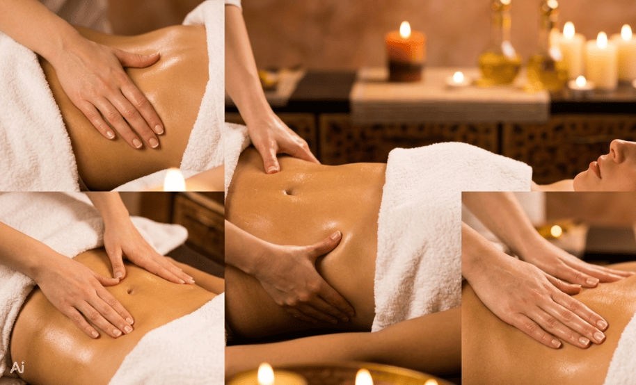 Entspannende Massage im Wellnessbereich für perfekte Erholung und Wohlbefinden Eine entspannende Massage im Wellnessbereich mit sanften Handbewegungen auf dem Bauch, umgeben von Kerzenlicht für eine ruhige Atmosphäre.